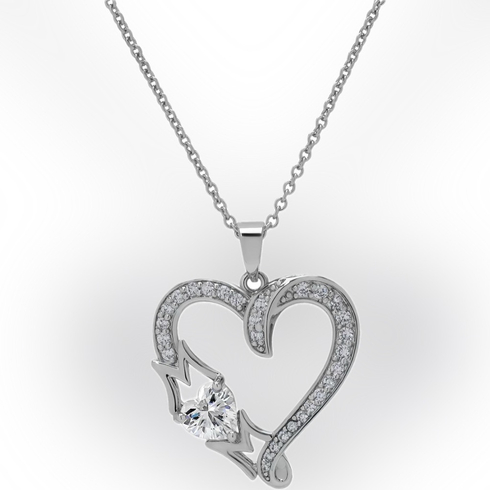 Silver-Plated Cubic Zirconia Mom Heart Pendant Necklace